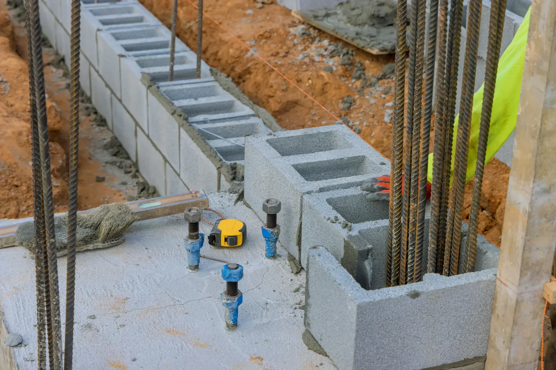 Construction worker laying concrete blocks to build a wall