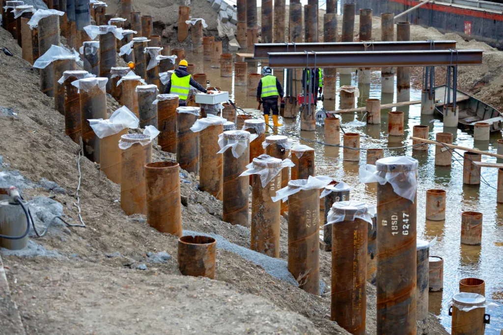 Construction workers installing metal piles in a muddy, water-filled trench.
