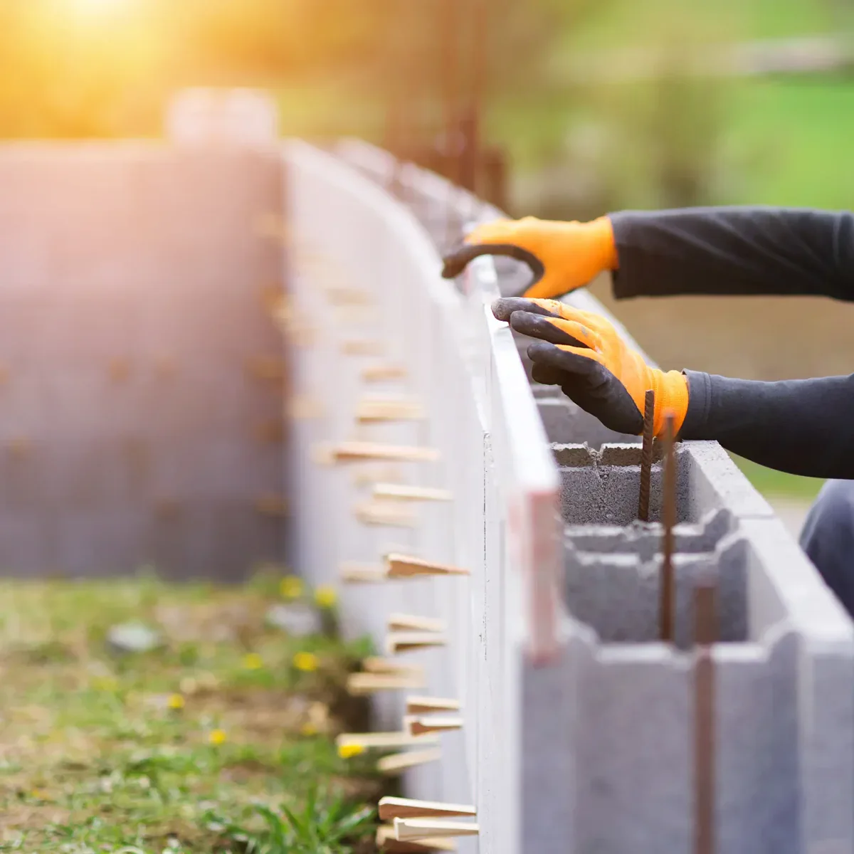 Person in orange gloves working on a concrete block wall outdoors