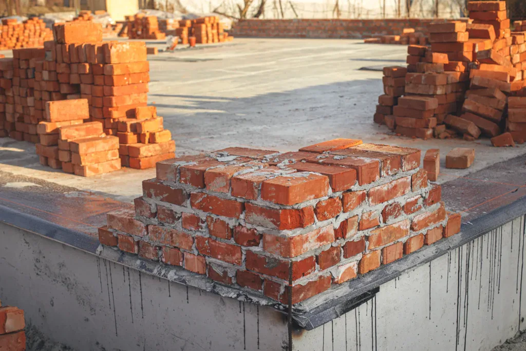 Stacks of red bricks on a concrete foundation at a construction site.