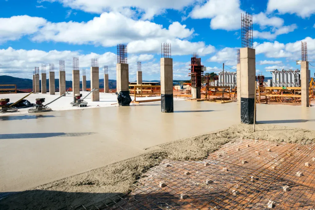 Construction site with concrete foundation and pillars under a blue sky