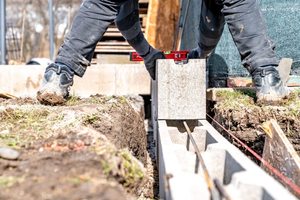 Person laying concrete blocks with a level tool on a construction site