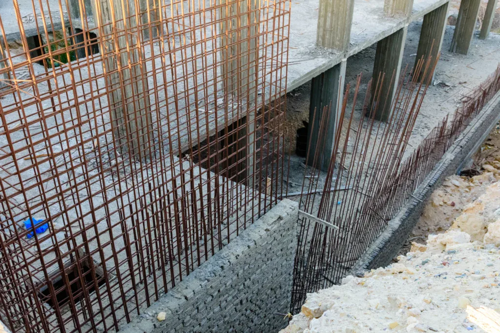 Construction site with rebar grids, concrete pillars, and excavated ground.
