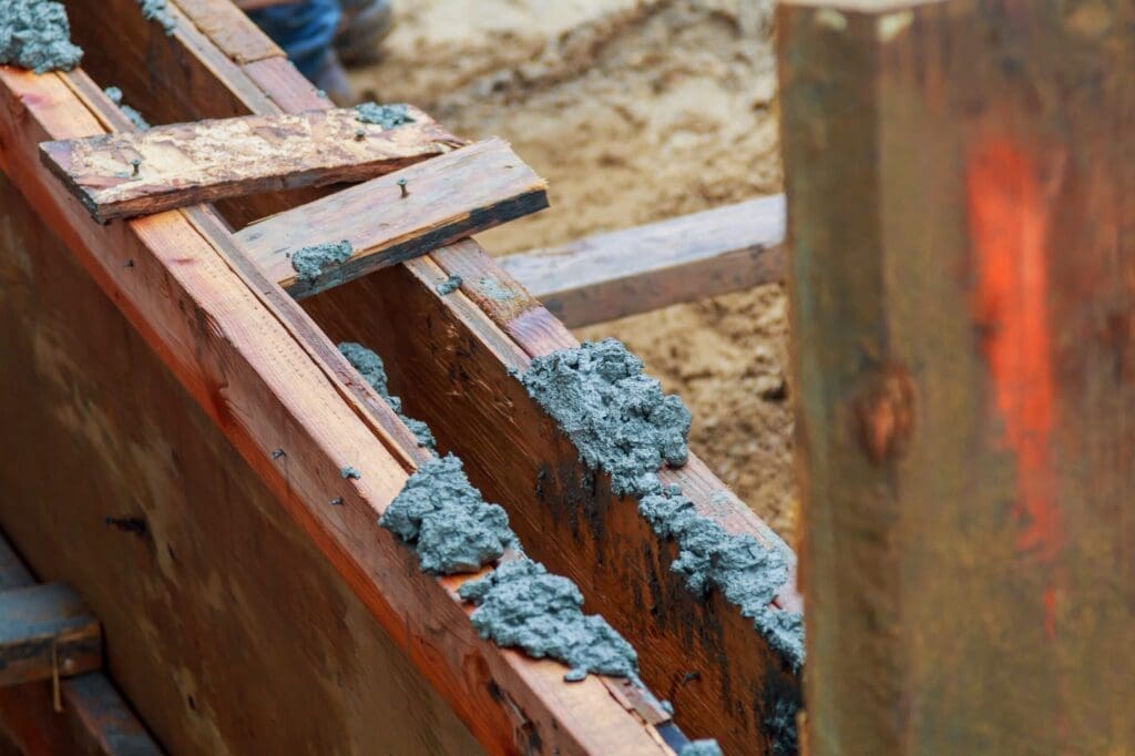 Close-up of wooden concrete forms with fresh concrete oozing out.