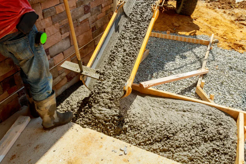 Worker pouring concrete for a new sidewalk