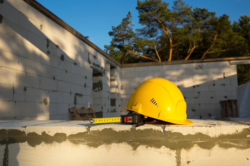 Yellow hard hat and tape measure on a building site at sunset