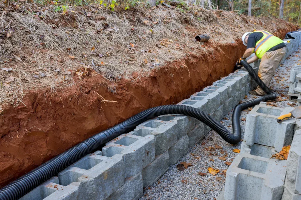 Man installing drainage pipe in a trench next to a retaining wall.