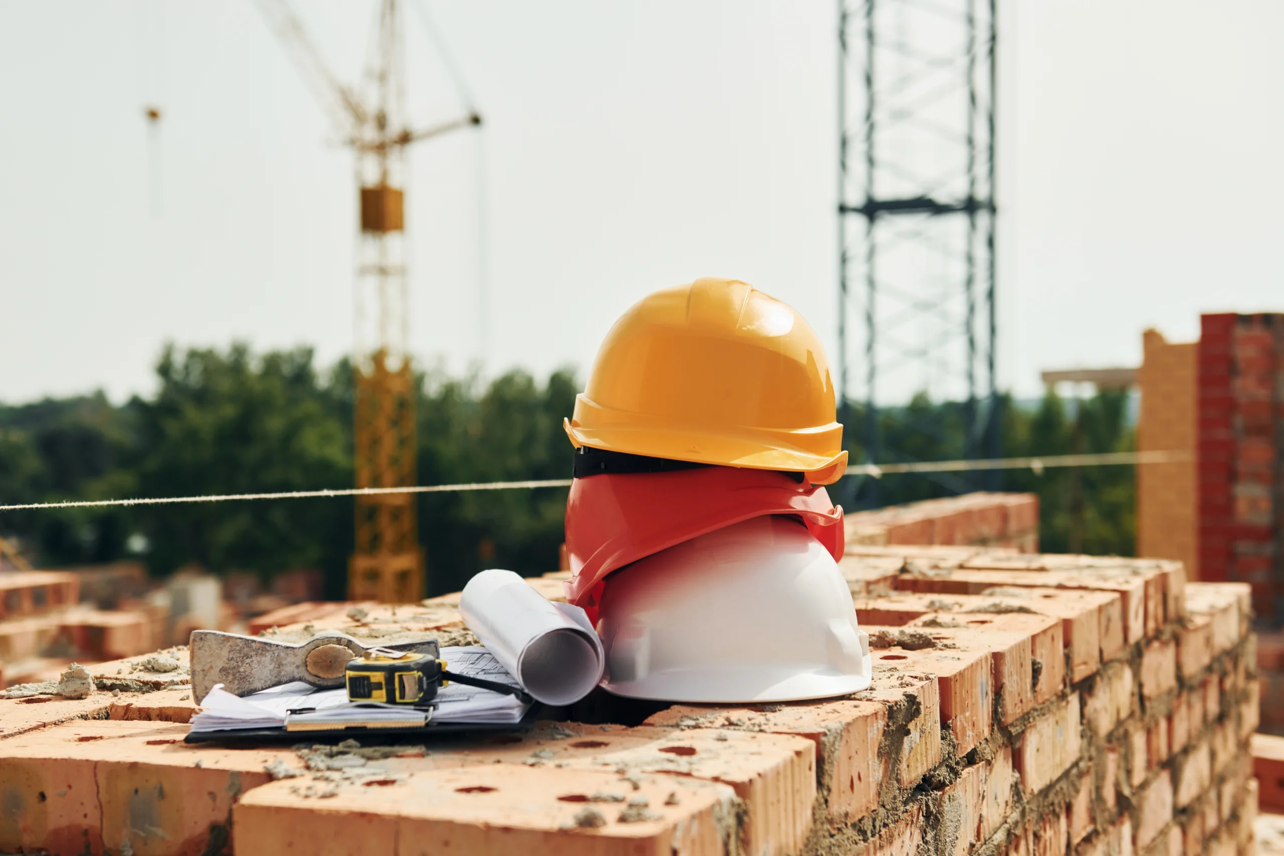 Construction site with hard hats, tools, and cranes under a bright sky.