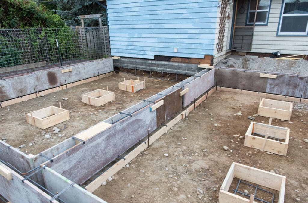 Foundation forms and rebar for a new house construction