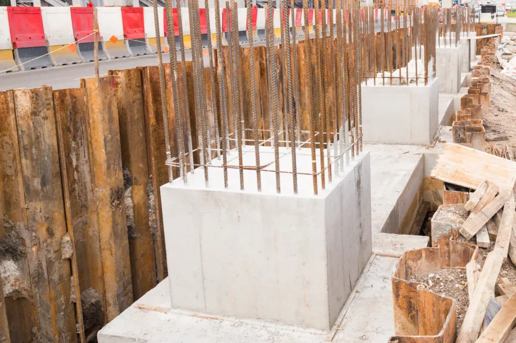 Construction site with concrete foundations and rebar columns