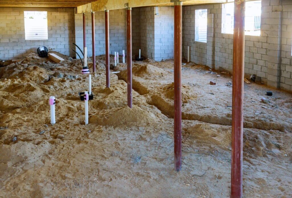 Interior of a house under construction with visible foundation and plumbing.