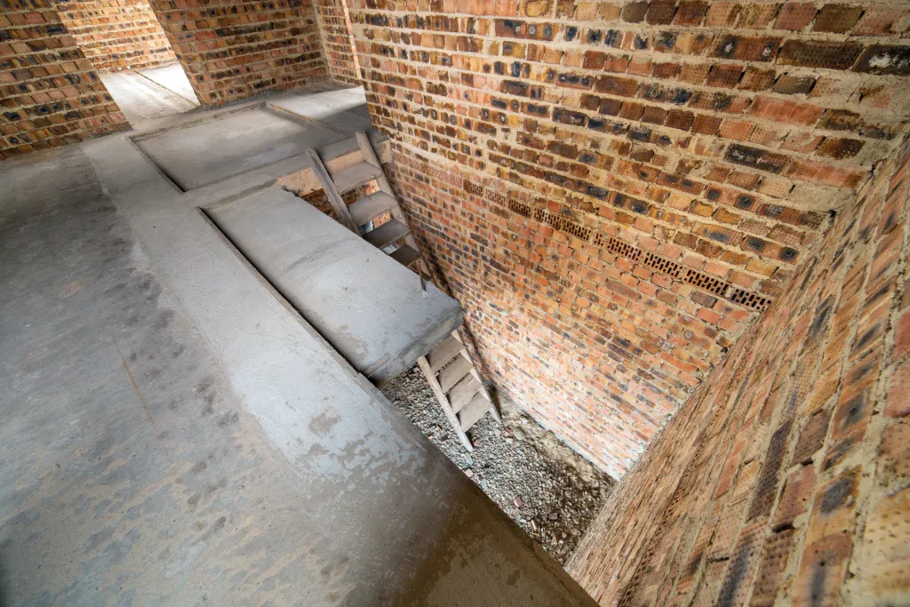 A high-angle photograph of a concrete stairwell in an industrial or basement setting. The walls are made of exposed red brick with varying shades of orange and brown, showing signs of age and weathering. A concrete landing platform extends from the left side, creating a diagonal line across the frame. The concrete floor is smooth and gray, showing slight discoloration and wear. At the bottom of the stairs, there is a small patch of gravel and loose debris. The lighting is natural and creates subtle shadows on the brick walls, highlighting the texture of the individual bricks and mortar joints. The composition is shot at a slight angle, emphasizing the geometric shapes of the architectural elements. The image has a muted color palette dominated by earth tones - reds, browns, and grays.