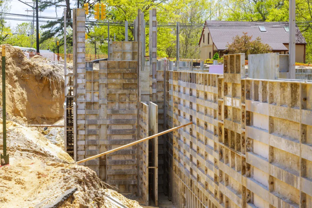 Construction site with concrete foundation walls and excavated earth