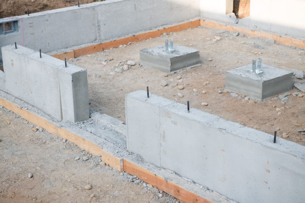 Concrete foundation walls and footings for a new construction project.