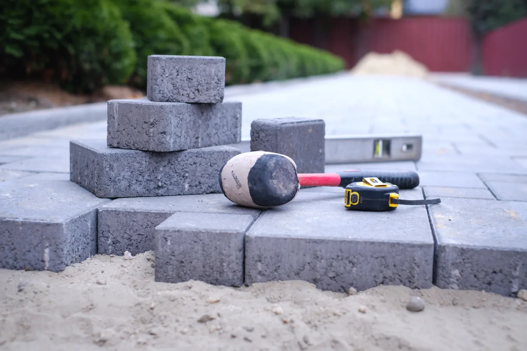 Paving stones, a rubber mallet, and a tape measure on a sandy surface.