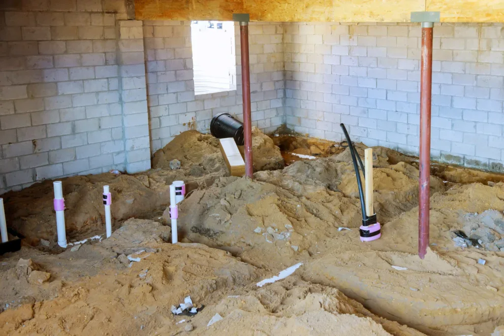 Basement under construction with exposed dirt, pipes, and support beams