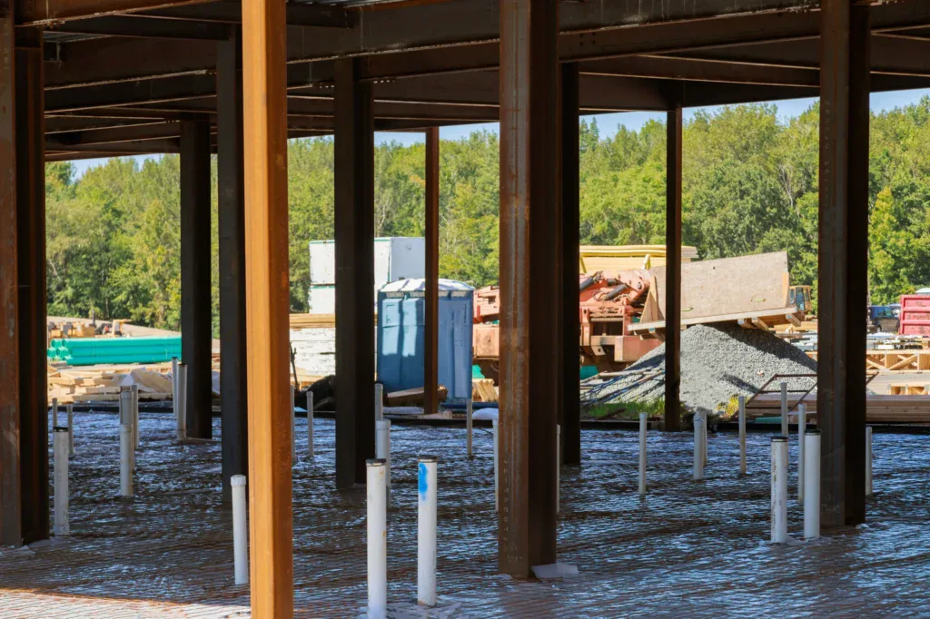 Construction site with steel beams, concrete foundation, and trees in the background