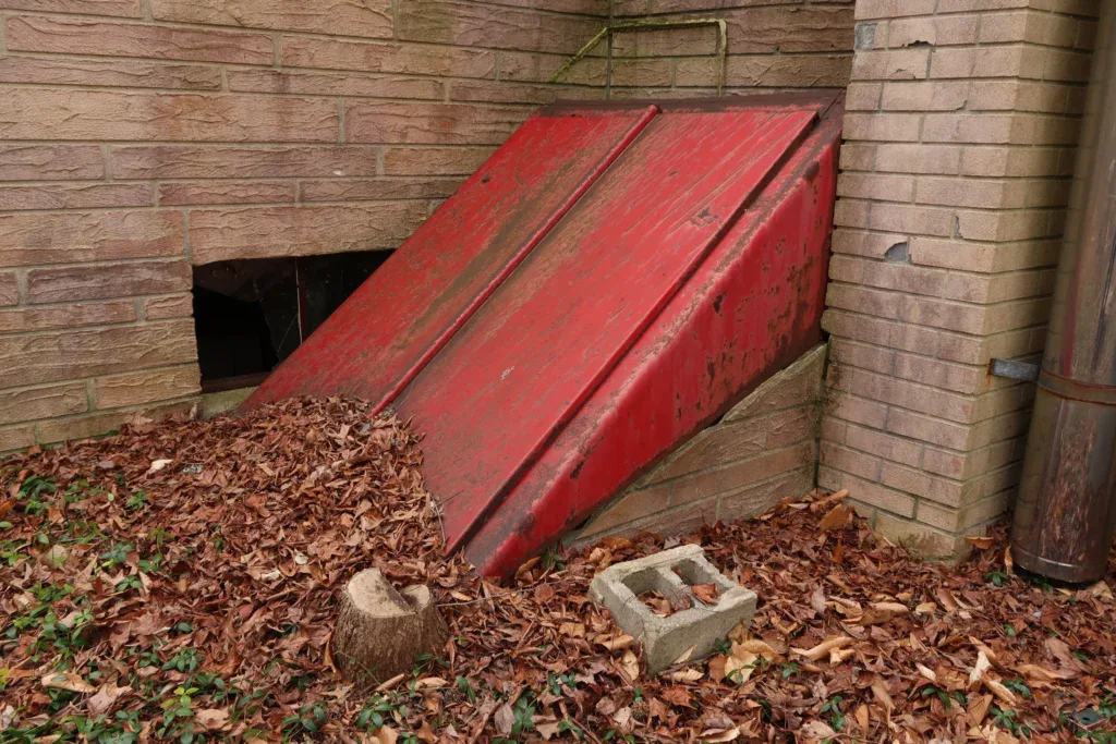 Red basement door surrounded by fallen leaves next to a brick wall.