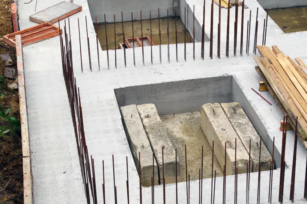 Concrete foundation with rebar and wooden planks at a construction site.