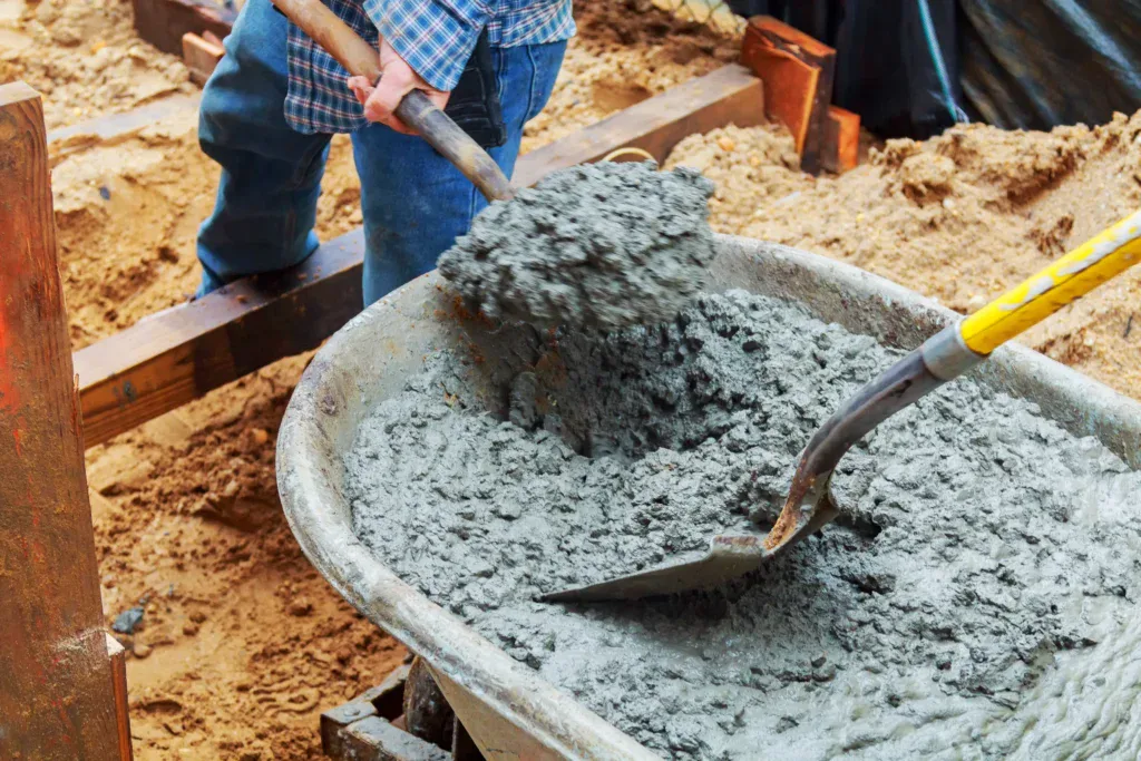Person shoveling wet cement into a wheelbarrow on a construction site.