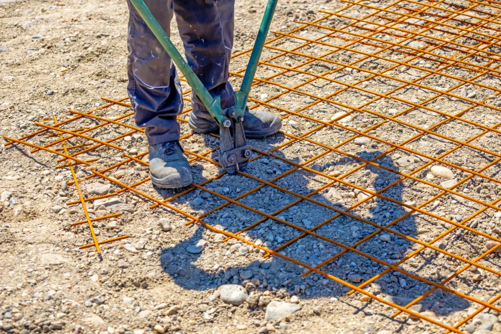 Worker cutting rebar mesh with bolt cutters on a construction site.