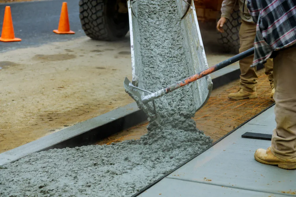 Worker pouring wet cement from a chute onto a sidewalk form.