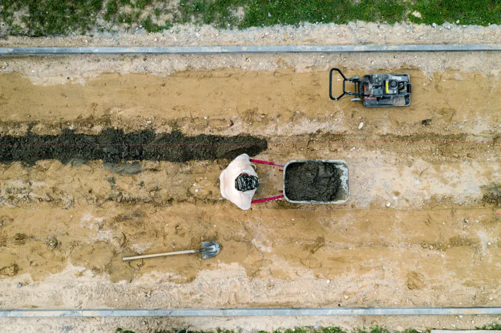 Overhead view of a person pushing a wheelbarrow on a construction site.