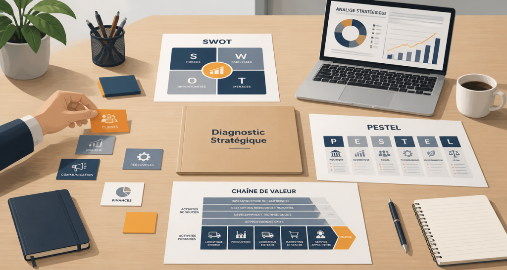 diagnostic strategique sur bureau avec fiches et graphiques