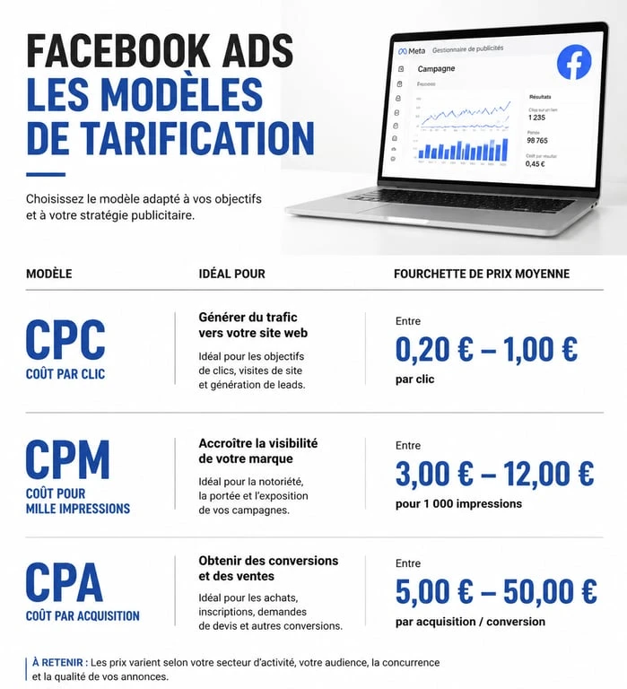 Infographie des modèles de tarification Facebook Ads : CPC, CPM et CPA pour optimiser son budget publicitaire.
