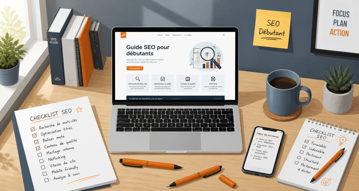 Formation SEO débutant, bureau moderne avec checklist et ordinateur