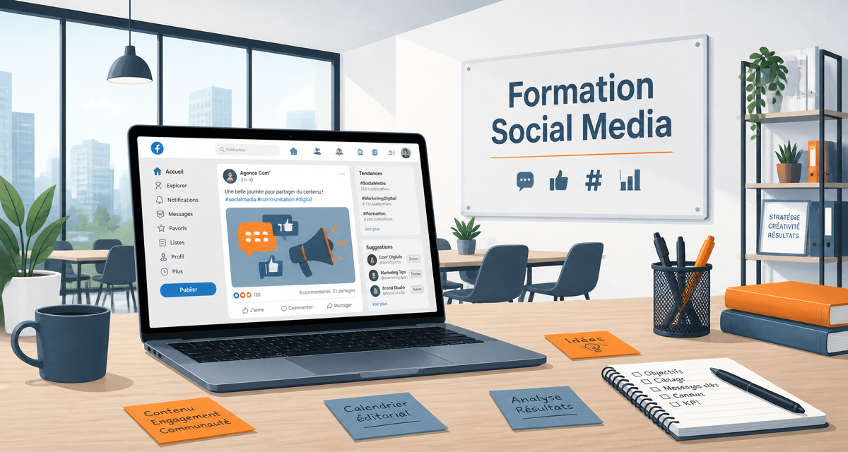 Bureau avec ordinateur et panneau formation social media