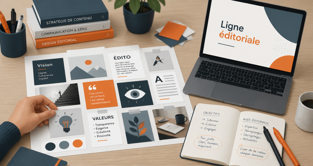 ligne éditoriale exemple sur bureau avec moodboard