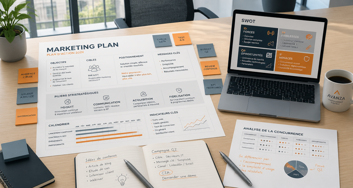 Plan marketing stratégique opérationnel sur bureau moderne