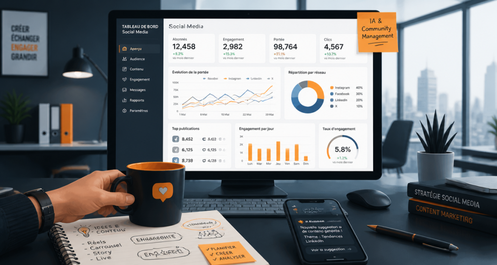outils ia community management écran social media