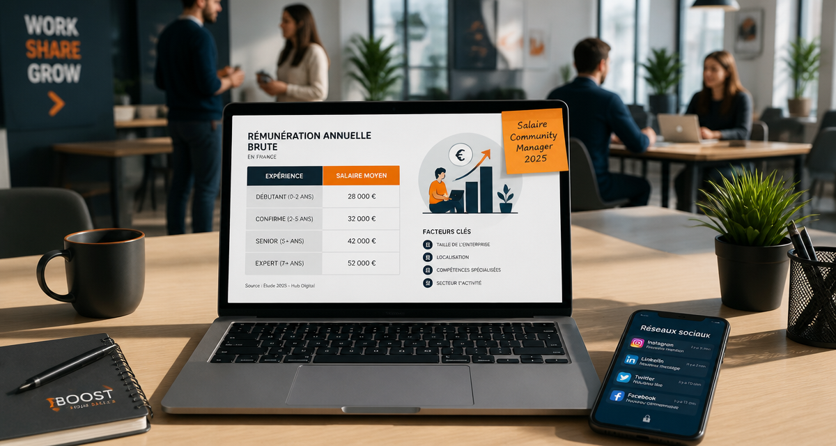 salaire community manager 2025, Paris vs province, bureau, ordinateur, notifications réseaux sociaux