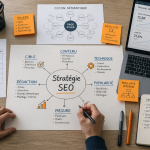 stratégie éditoriale pour le seo sur bureau avec plans et schémas