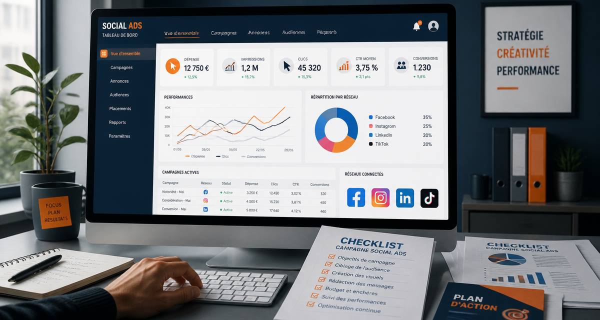 Interface campagne social ads sur écran avec KPI et réseaux sociaux