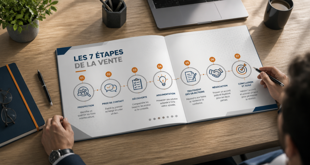 7 étapes de la vente schéma infographique