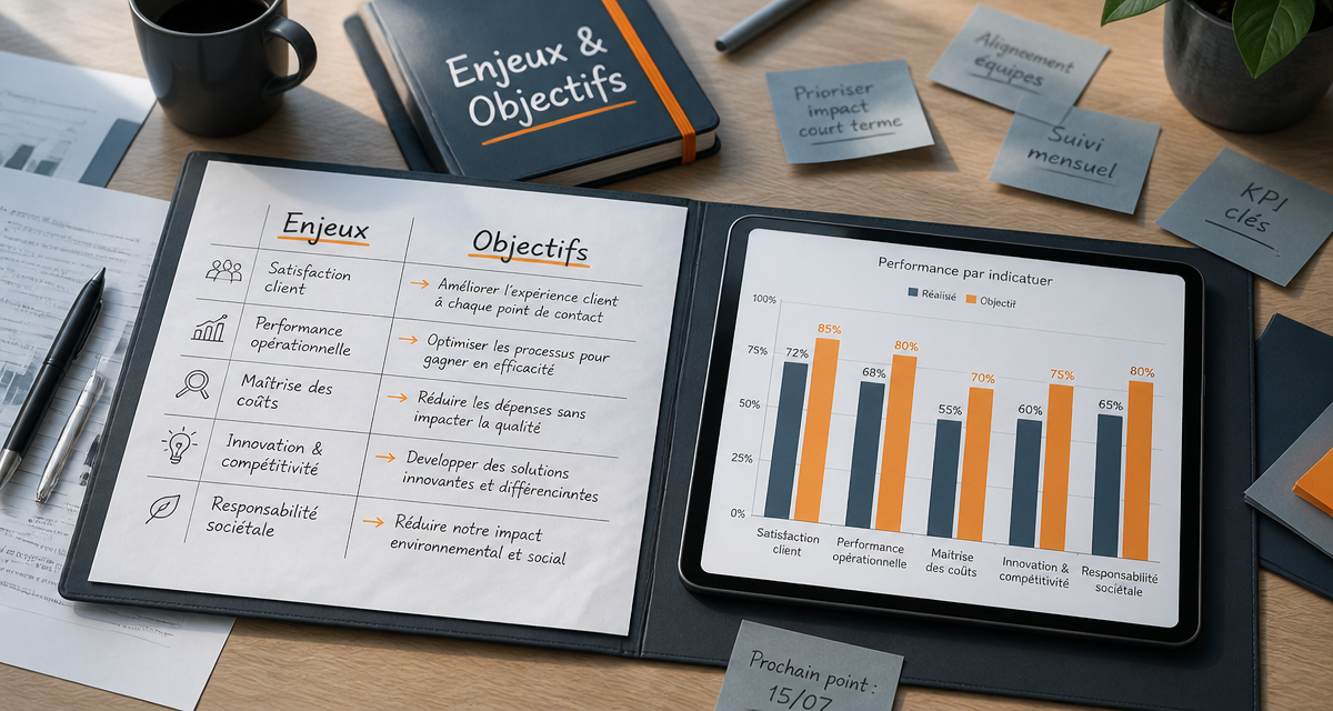 différence entre enjeux et objectifs sur une table de bureau