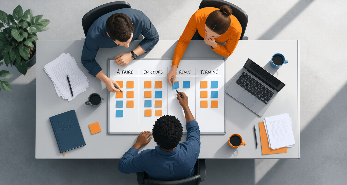 Equipe Scrum travaillant autour d’un tableau blanc
