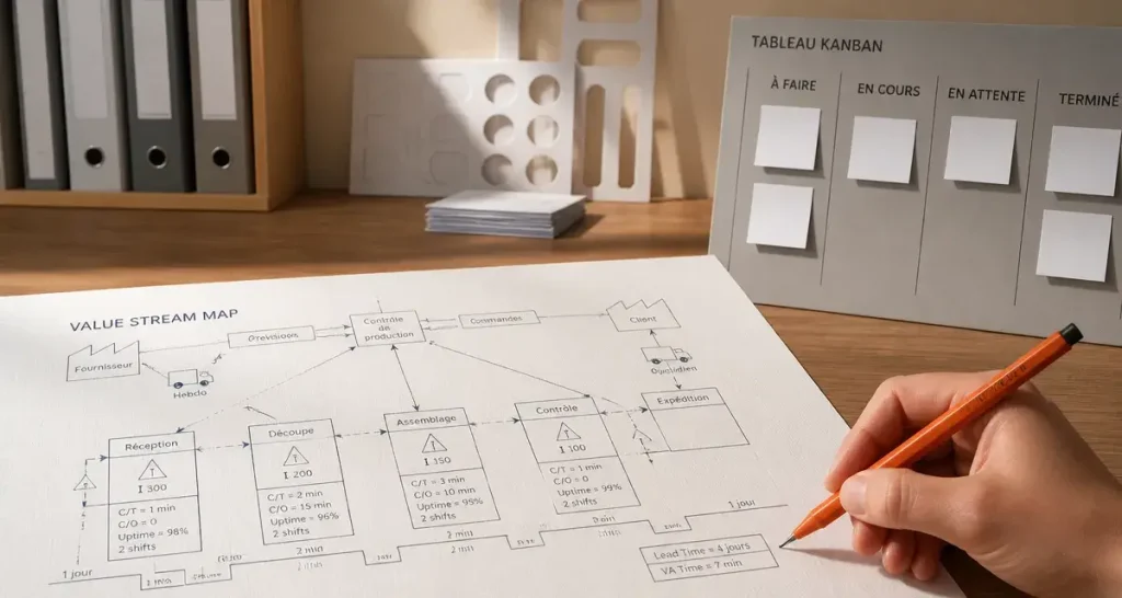 Processus lean : principes et gaspillages sur un schéma VSM et Kanban
