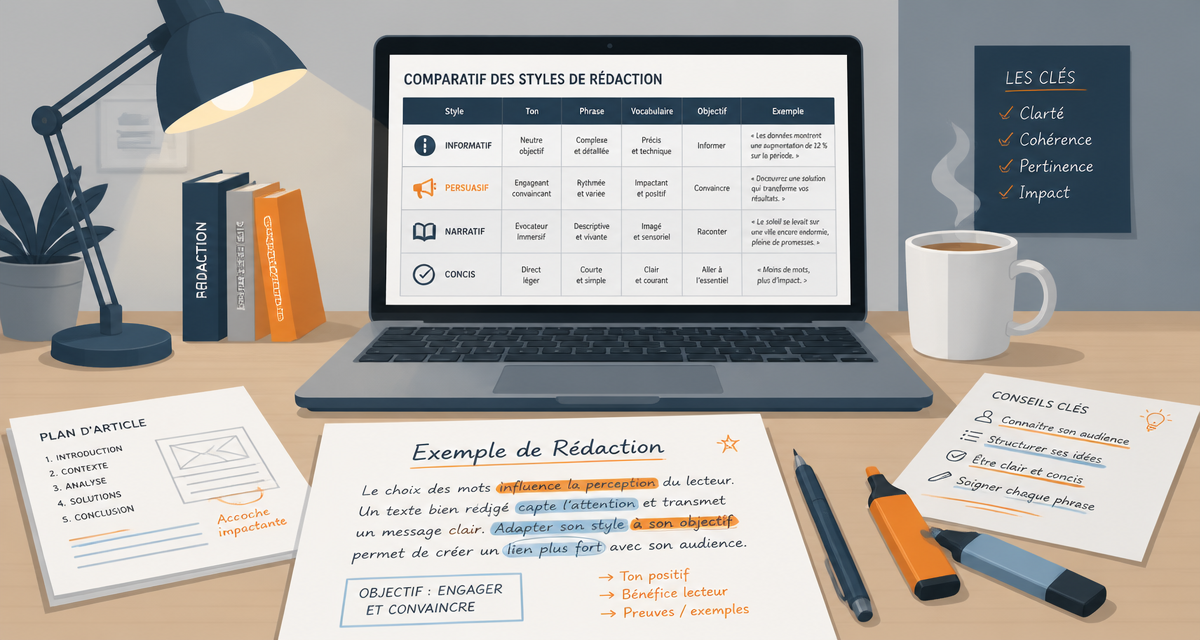 Redaction exemple sur bureau avec feuilles et ordinateur