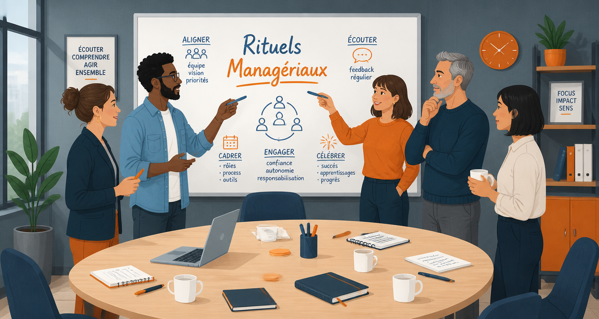 équipe en réunion rituels managériaux
