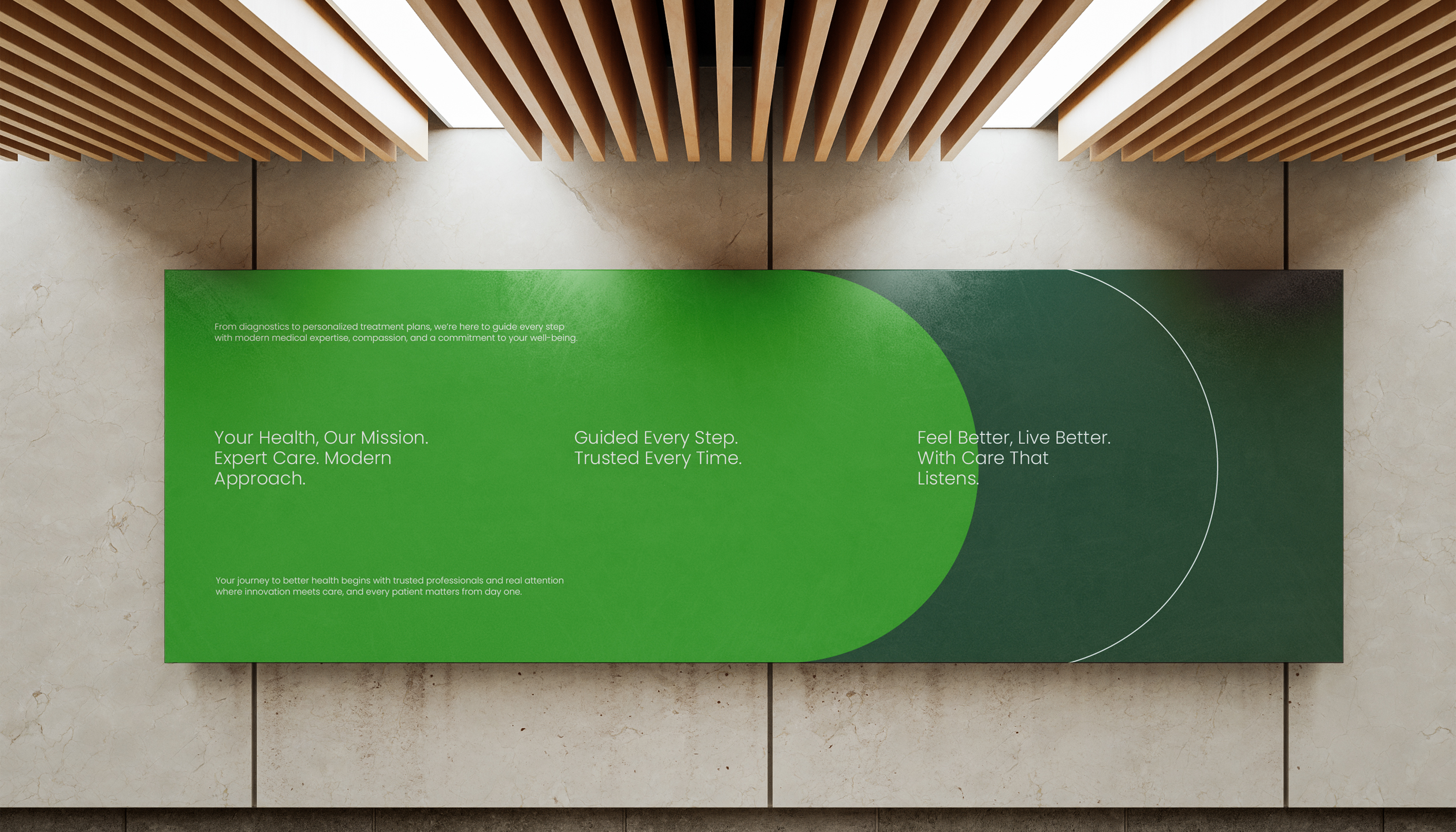 MedicalCentar green wall panel with patient-centered healthcare messages Clinic interior branding – informational wall panel for Medical Centar.