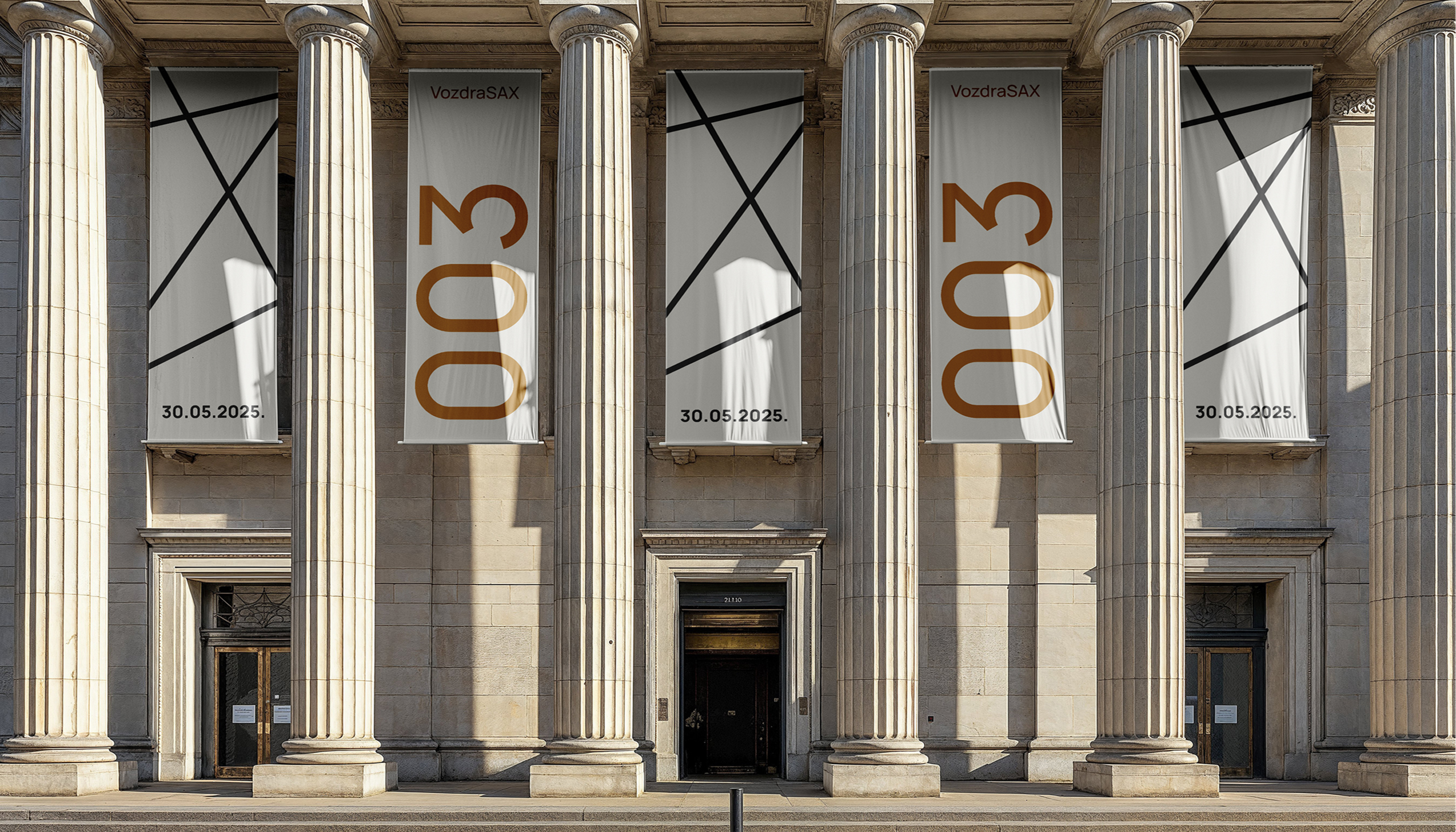 VozdraSAX Concert Banner on Institutional Building – May 30, 2025 Large white banners with the number 003 and event date hanging between columns of a classical institutional building for VozdraSAX concert on May 30, 2025