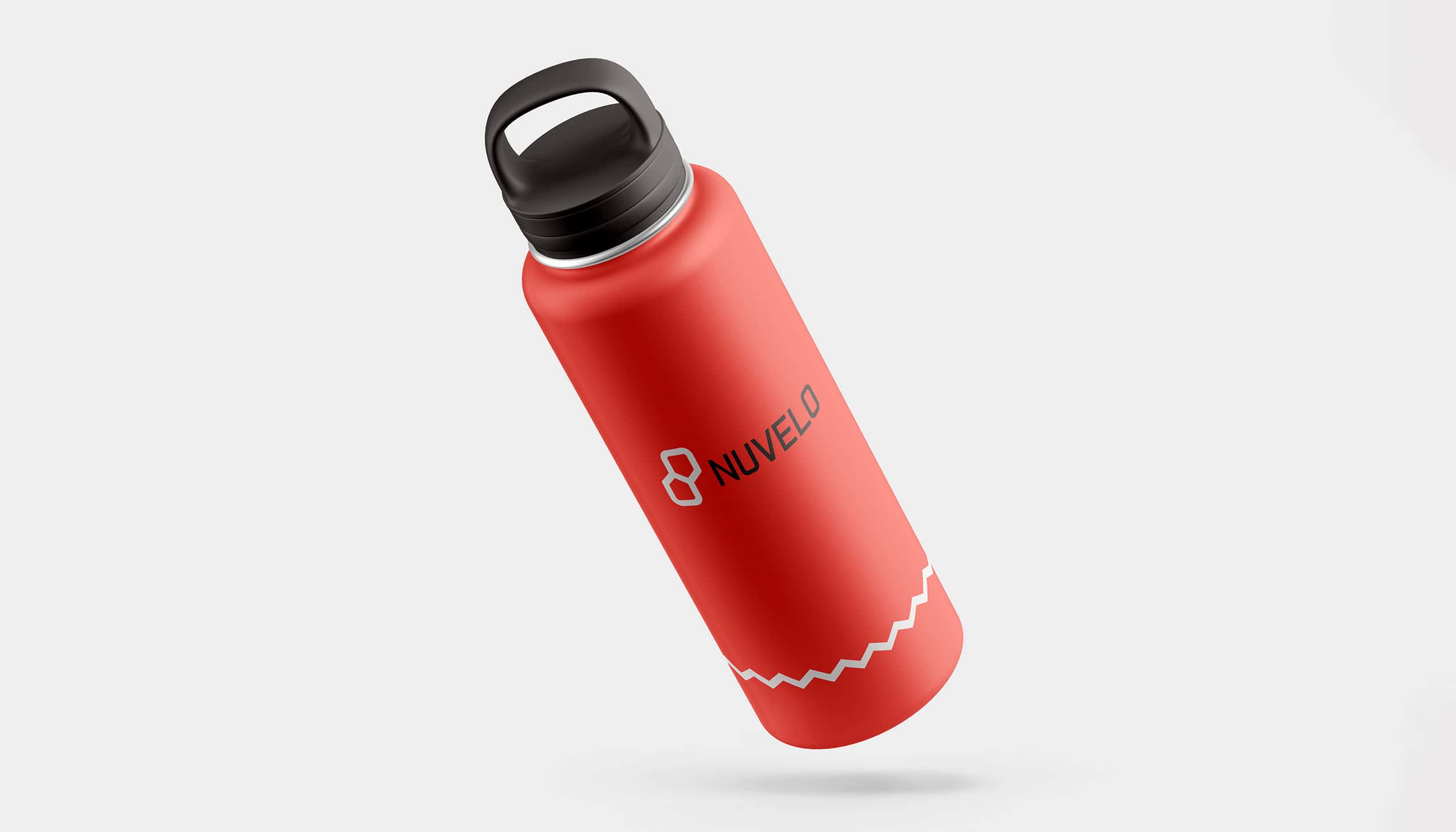 Red Nuvelo Estate branded water bottle with logo and white roofline pattern