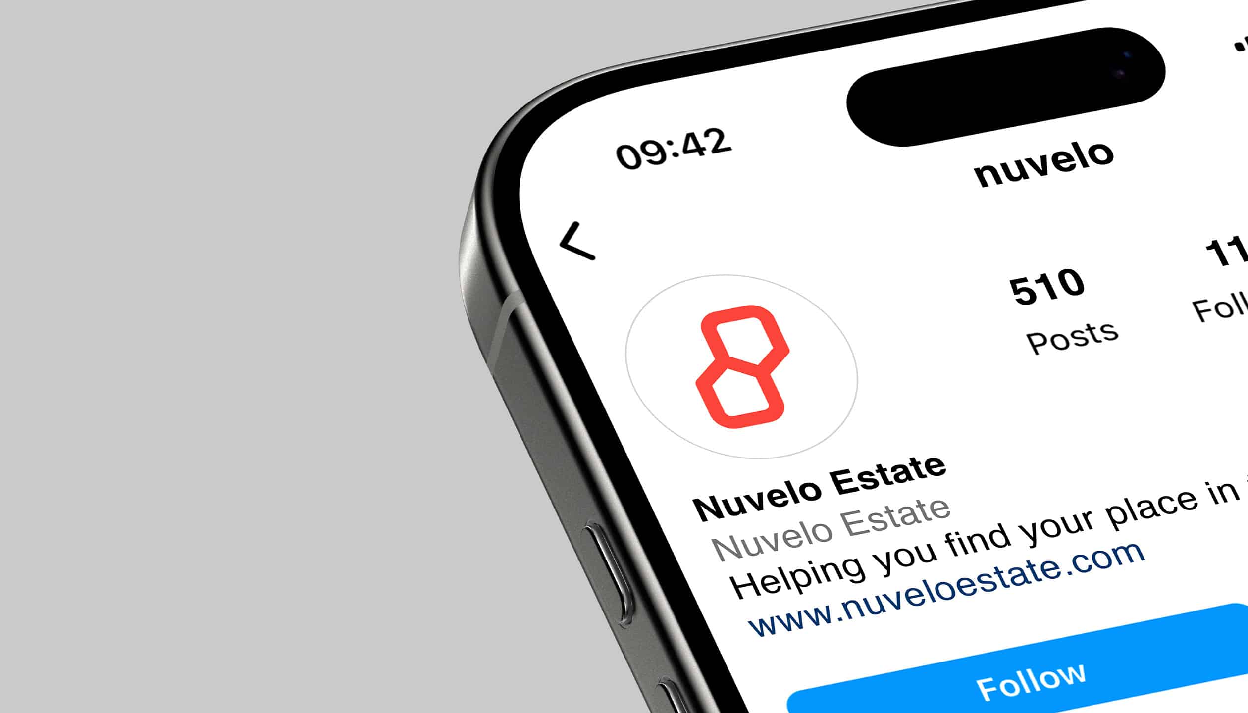 Nuvelo Estate Instagram profile close-up showing logo, bio and website link