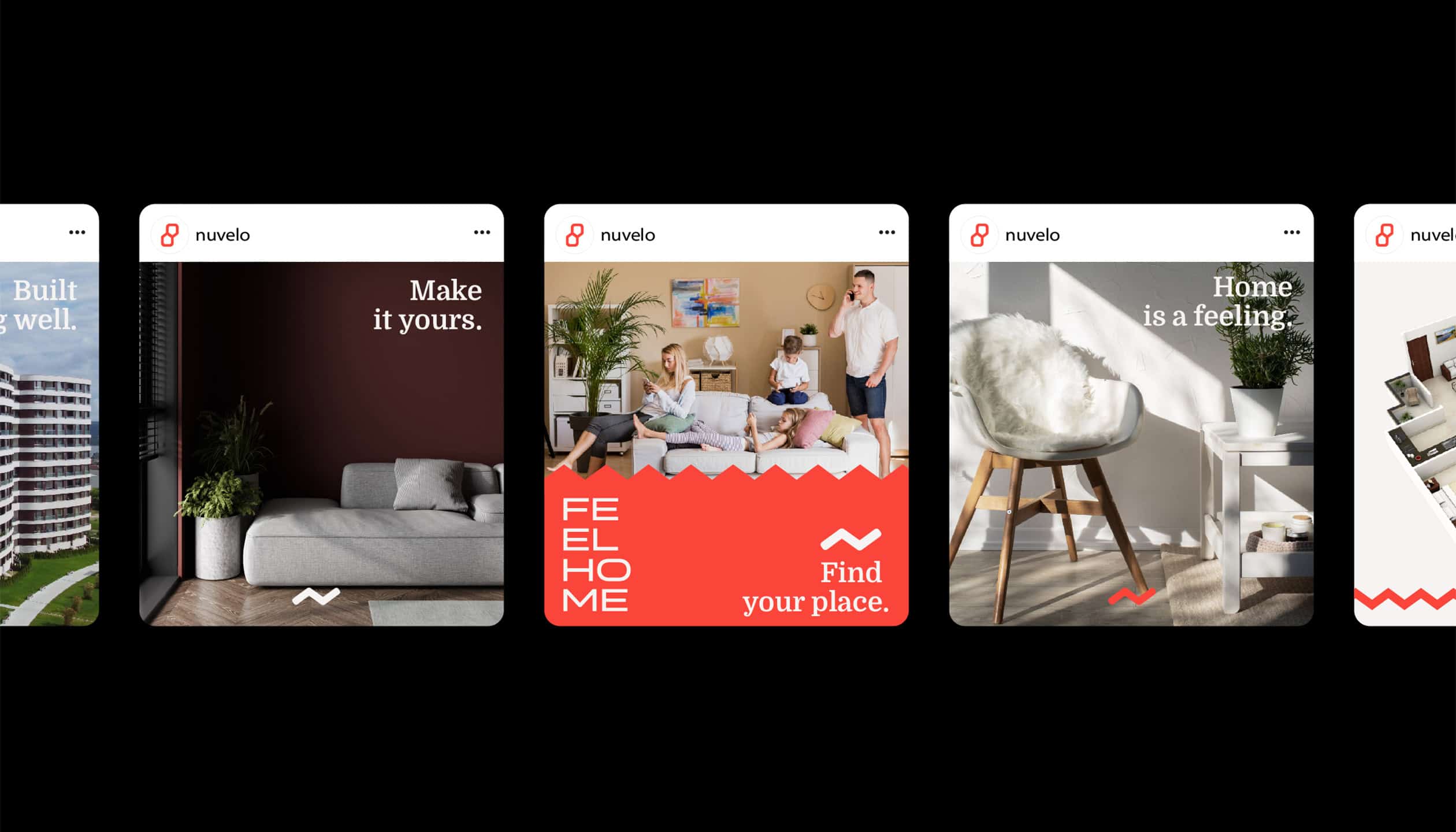 Nuvelo “Feel Home” social media campaign featuring modern home interiors and lifestyle moments.