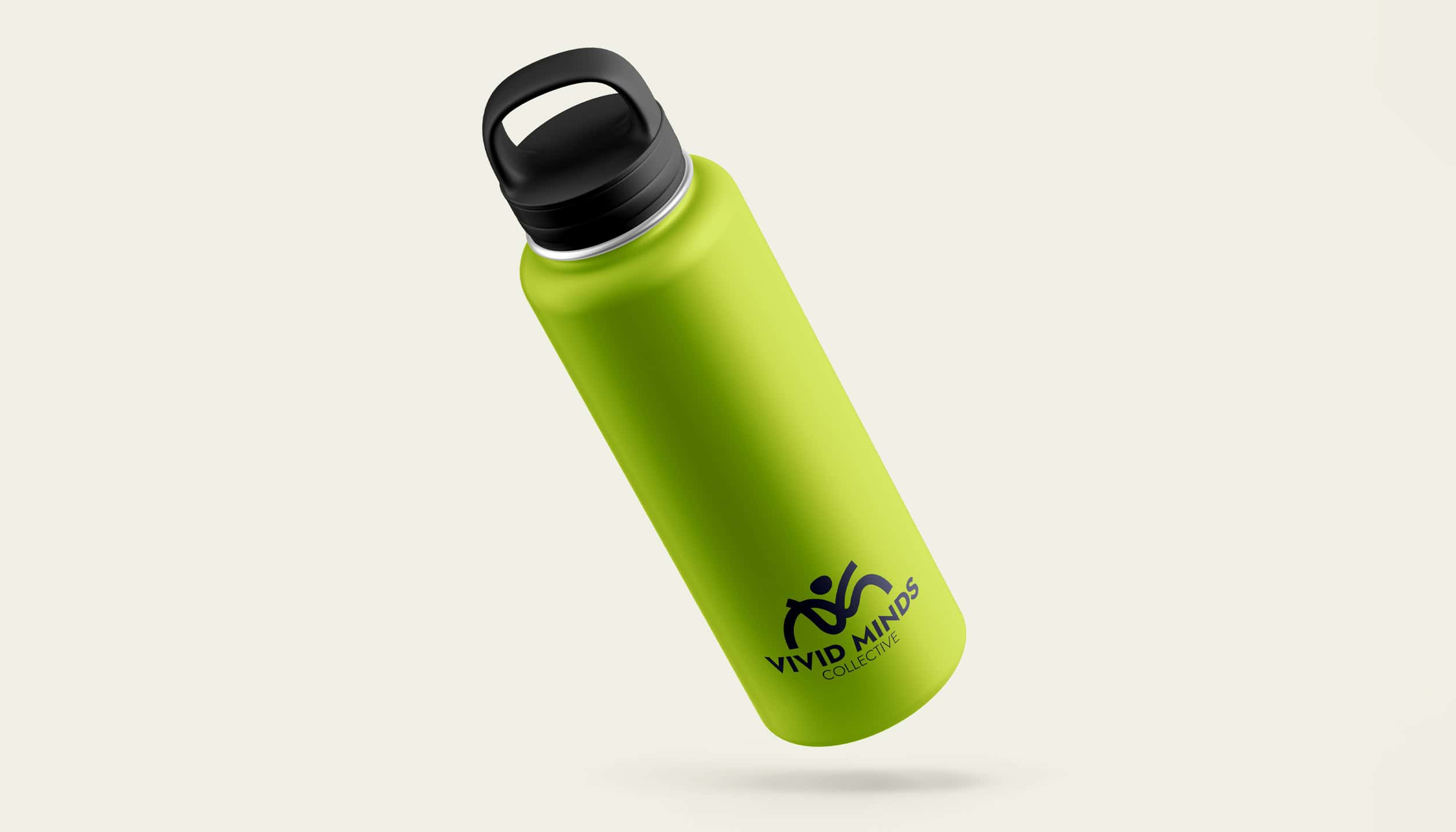 Lime green reusable bottle mockup with Vivid Minds Collective logo showcasing youth branding merchandise
