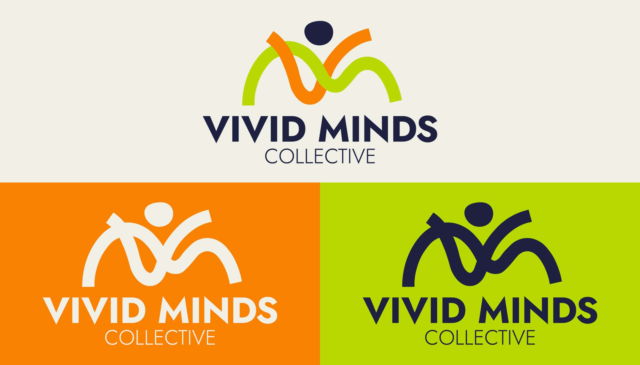 Three variations of the Vivid Minds Collective logo featuring abstract figures in motion, shown on white, orange, and lime green backgrounds using a modern, bold typeface and vibrant brand colors.
